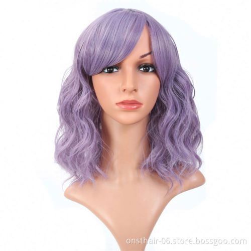 MYZYR high quality heat-resistant synthetic pink wig 16 inches, fluffy wavy bangs wig, synthetic wig supplier (pink)